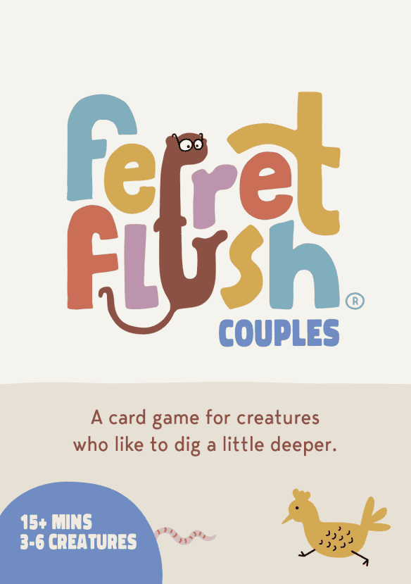 Alt=a colorful cover for a relationship card game called Ferret Flush couples