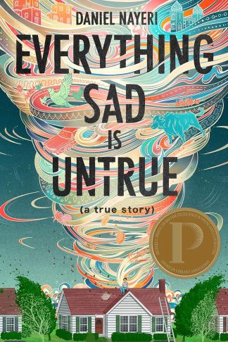 A thought-provoking image featuring a creative tornado swirling around a house, with someone calmly sitting on the roof. This powerful visual embodies the message 'everything sad is untrue,' capturing the essence of optimism and clarity.